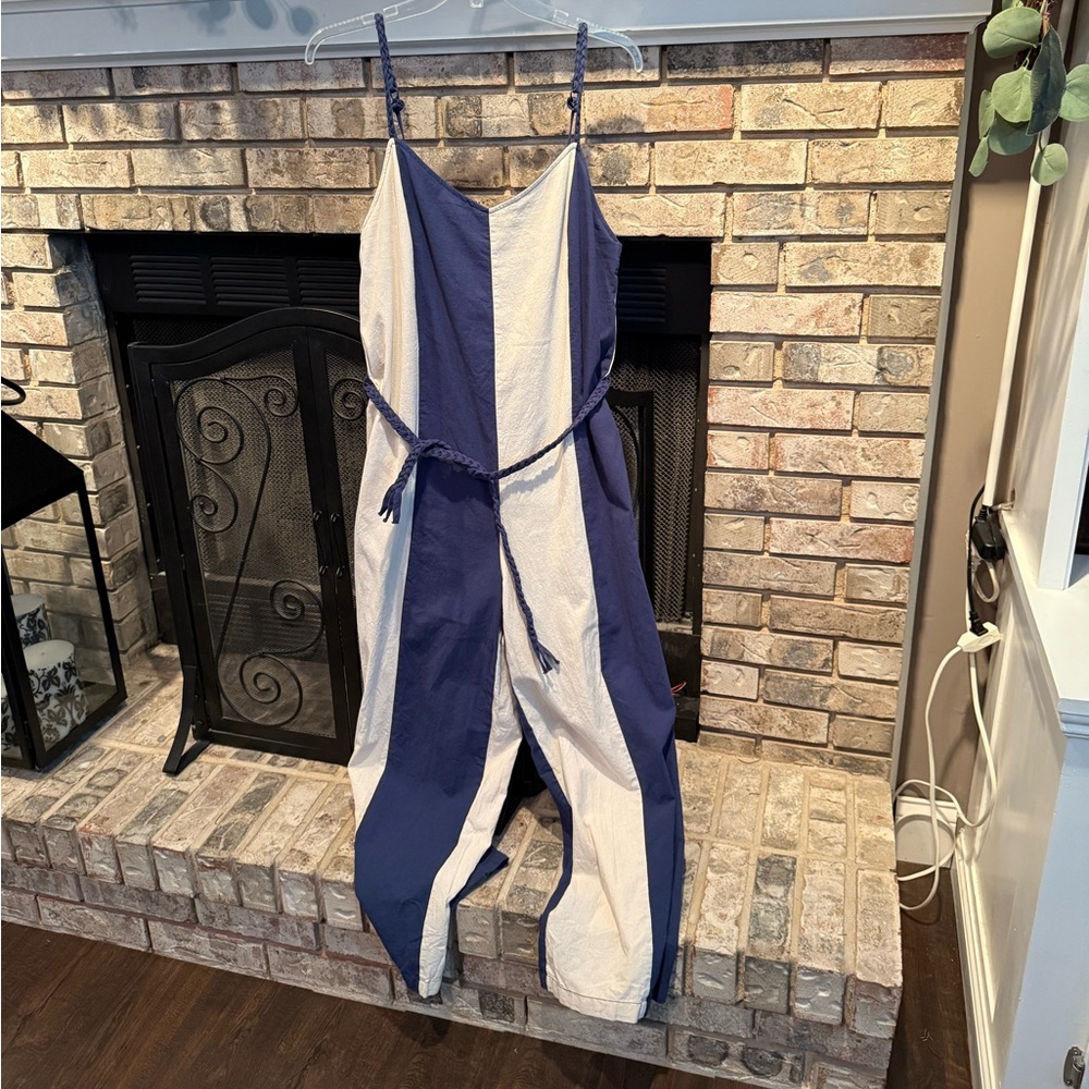 Listicle wide stripe jumpsuit, adjustable straps, denim/white, size Large, EUC